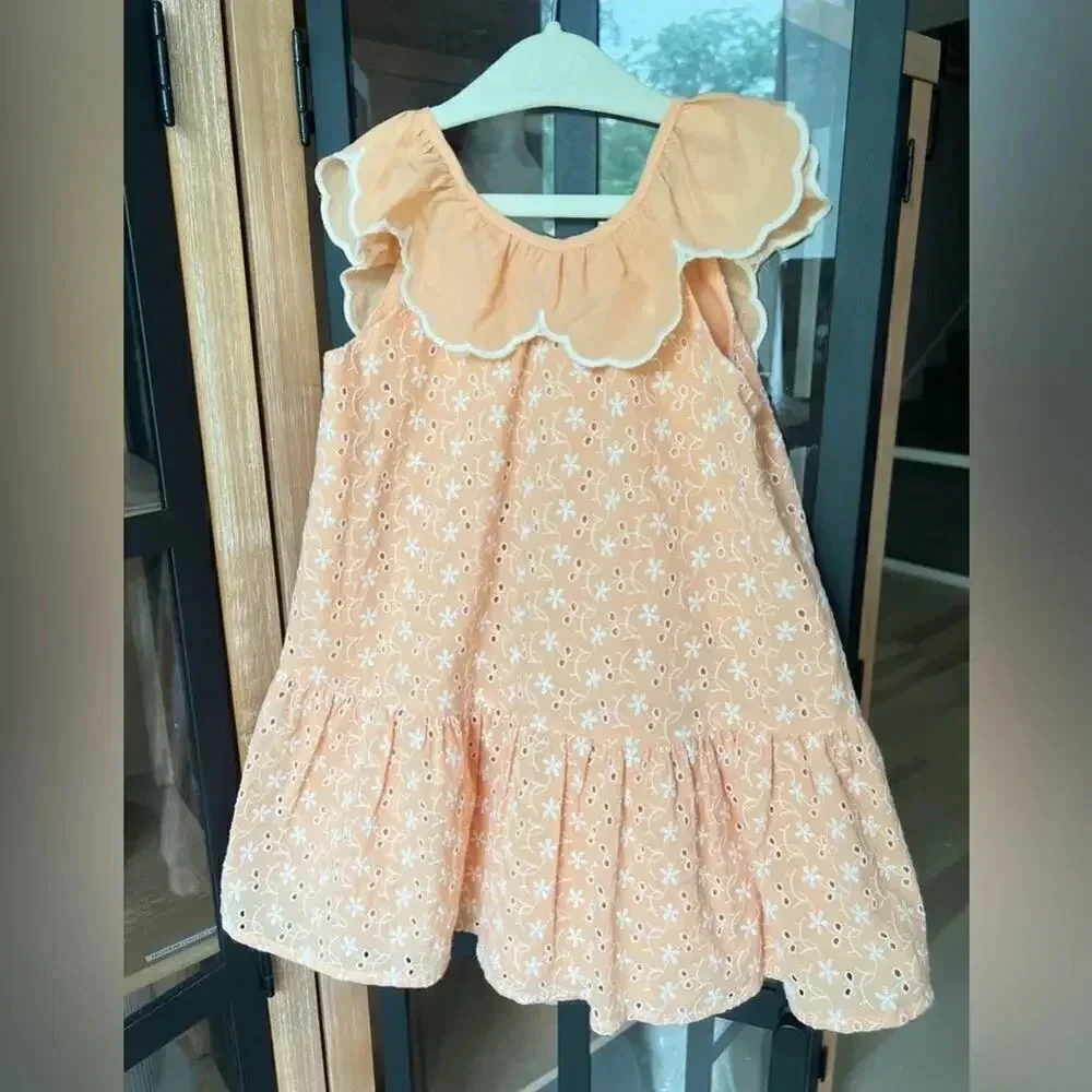 Zara Kids dress embroidered eyelet floral scalloped collar flower toddler peachy